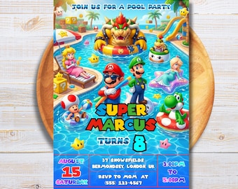 Faire-part d'anniversaire Super Mario, faire-part modifiable Mario Galaxy au bord de la piscine, soirée à thème estivale Super Mario, téléchargement numérique, imprimable