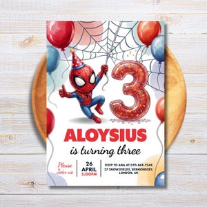 Könnte beinhalten: Eine Geburtstagseinladung mit einem Spider-Man-Cartoon-Charakter und einem Luftballon mit der Zahl 3. Die Einladung enthält den Namen "ALOYSIUS", den Satz "is turning three" und das Datum 26. April.
