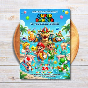 May include: A colorful pool party invitation featuring Super Mario characters. The invitation includes the text "JOIN US FOR A POOL PARTY SUPER DANVER IS TURNING SEVEN" and event details. The design includes cartoon characters in a pool setting.