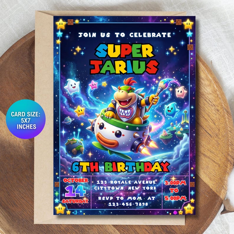 May include: A 12.7 x 17.8 cm rectangular birthday invitation card featuring a space-themed background with Bowser Jr. in a clown car. The text reads: JOIN US TO CELEBRATE SUPER JARIUS 6TH BIRTHDAY OCTOBER 14 SATURDAY 123 ROYALE AVENUE CITYTOWN NEW YORK 3:00PM TO 5:00PM.