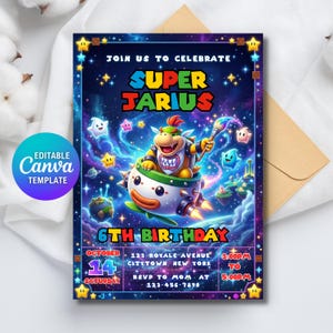 May include: A rectangular birthday invitation template featuring a space theme with Bowser Jr. in a clown car. Text includes JOIN US TO CELEBRATE, SUPER JARIUS, 6TH BIRTHDAY, OCTOBER 14 SATURDAY, 123 ROYALE AVENUE CITYTOWN NEW YORK, 3:00PM TO 5:00PM, RSVP TO MOM AT 123-456-7890.