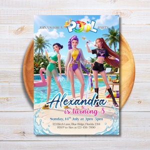 May include: Pool party invitation featuring three animated girls in swimwear by a pool. The invitation reads "Join us for a Pool Party" and "Alexandra is turning 8". Includes date, time, and RSVP information.