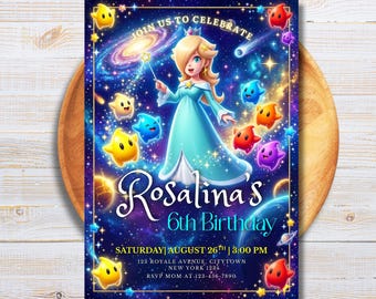 Invitation d'anniversaire de la princesse Rosalina, Invitation modifiable Rosalina Mario Galaxy, soirée à thème Rosalina Mario, téléchargement numérique, imprimable
