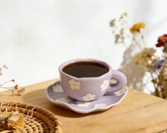 Hand-Painted Lavender Floral Ceramic Mug and Saucer Set, Whimsical Coffee Cup