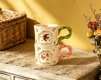 Hand-Painted Butterfly Bird Ceramic Mug: Retro Braided Handle Water Cup