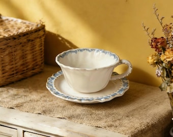 French Vintage Blue Lace Ceramic Cup and Saucer Set, Artisan Tea Coffee Latte Dessert