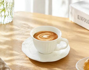 Vintage Floral Embossed Ceramic Cup and Saucer Set, Elegant Latte Tea Drinkware