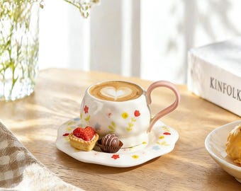 Hand-Painted Floral Ceramic Coffee Cup & Saucer Set, Pink Handle Latte Mug