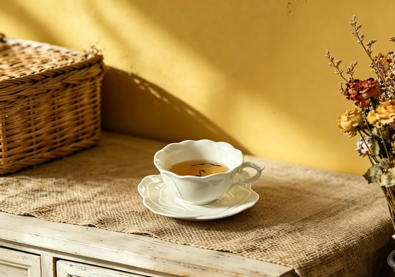 May include: A white teacup and saucer set filled with tea, placed on a burlap runner atop a white cabinet. A wicker basket and dried flowers are in the background. The teacup has a scalloped edge and a delicate handle.
