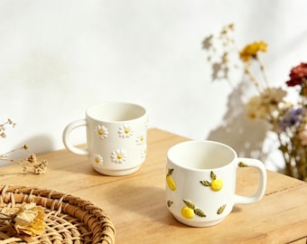 Handcrafted Ceramic Mugs, Embossed Daisy, Hand-Painted Lemon, Coffee Tea Cup