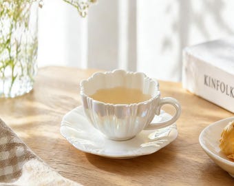 Handmade Pearl Petal Ceramic Cup and Saucer Set, Iridescent Glaze Tea Set