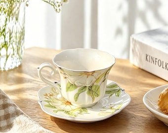 Vintage Gold-Trimmed Floral Ceramic Cup and Saucer Set, Underglaze Tea Coffee Cup