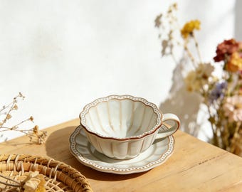 Vintage Embossed Shell Ceramic Tea Cup and Saucer Set, French Style Coffee Mug