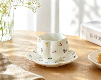 Ditsy Floral Ceramic Cup and Saucer Set, French Cottagecore Coffee Tea Mug