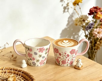 Soft Pink Floral Ceramic Mug, Korean Style Wavy Rim Drinkware