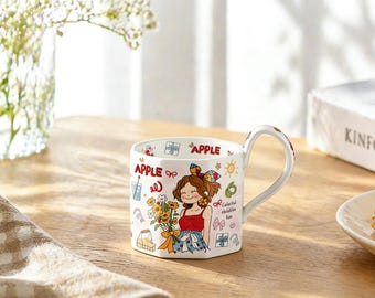 Hand-Painted Ceramic Mug, Kawaii Cartoon Girl Design, Japanese Ins Style Coffee Cup