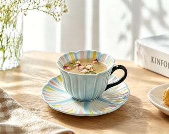 Hand-Painted Ceramic Cherry Blossom Tea Cup and Saucer Set, Floral Retro