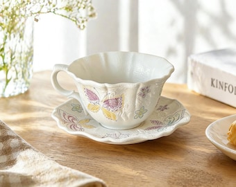 Embossed Butterfly Ceramic Tea Cup and Saucer Set, Matte Pastel Floral Design