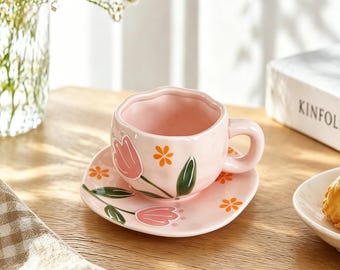 Pink Tulip Embossed Ceramic Cup & Saucer Set, Hand Painted Coffee Mug, Tableware Home Decor