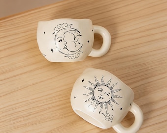 Handmade Celestial Ceramic Mug, Sun Moon Stars Design, Retro Coffee Cup