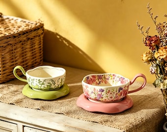 Hand-Painted Ceramic Cup and Saucer Set, Floral Garden Tea Coffee Mugs