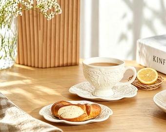 Embossed Ceramic Cup & Saucer Set | Minimalist Vintage Coffee Tea Mug for Home, Wedding Gifting