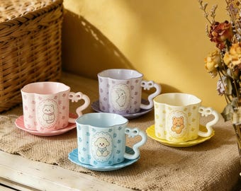 Handmade Ceramic Tea Cup Set with Pink Bow Design, Elegant Afternoon Tea Cups