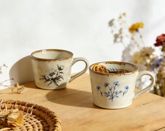 Vintage Sketch Floral Ceramic Mug, Beige Brown Rim, Boho Drinkware