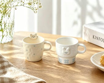 3D Rabbit Relief Ceramic Mug – Cottagecore Floral Tea Cup for Daily Use
