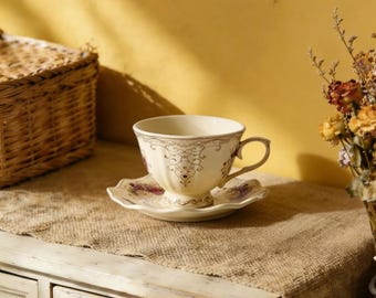 Handmade Ceramic Tea Cup and Saucer Set, Elegant Floral Design