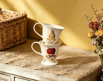 Hand-Painted Fruit Ceramic Mug Set | Retro Apple, Pear, Grape, Pea Pod Pedestal Cups