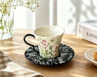 French Style Floral Ceramic Cup and Saucer Set, Watercolor Botanical Garden Design