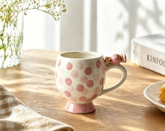 Handmade Ceramic Mug, Pink Polka Dot Candy Charm Handle, 12oz Coffee Tea Cup