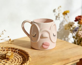 3D Face Pink Ceramic Mug, Whimsical Coffee Cup, Pastel Drinkware