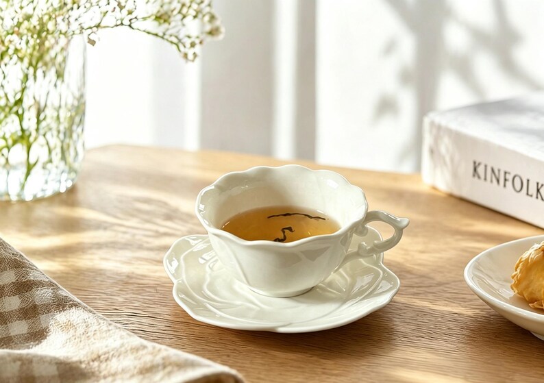 May include: A white teacup and saucer set with a floral design, filled with tea. The cup has a delicate handle and sits on a matching saucer. The set is on a wooden table, with a book and a small plate nearby.