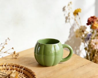Handmade Green Pumpkin Ceramic Mug, Minimalist Whimsical Coffee Tea Cup