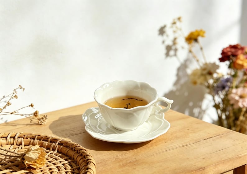 May include: A white teacup and saucer set filled with tea, resting on a wooden table. The cup and saucer have a scalloped edge design. Dried flowers and a woven basket are also visible in the image.
