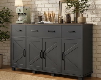 Sideboard Buffet Cabinet, 3 Drawers and 4 Barn Doors, Coffee Bar Storage for Kitchen or Dining Room in Black Wood