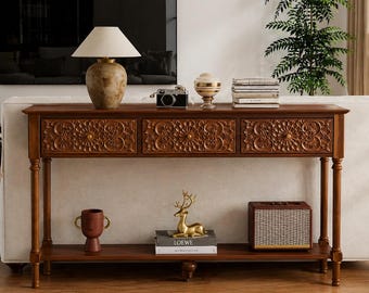 55.5 Carved Console Table, 3 Drawers, 2-Tier Sofa Table, Floral Top, Solid Wood Legs