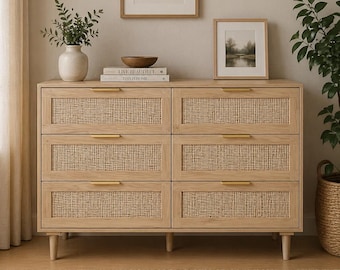 6-Drawer Rattan Dresser, Modern Wood Storage Chest for Bedroom, Living Room, Hallway