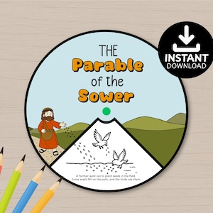 May include: A circular educational graphic titled "The Parable of the Sower" with illustrations of a farmer, birds, and seeds. The graphic is in a blue and white color scheme with the words "Instant Download" on a black circle. Colored pencils are in the foreground.
