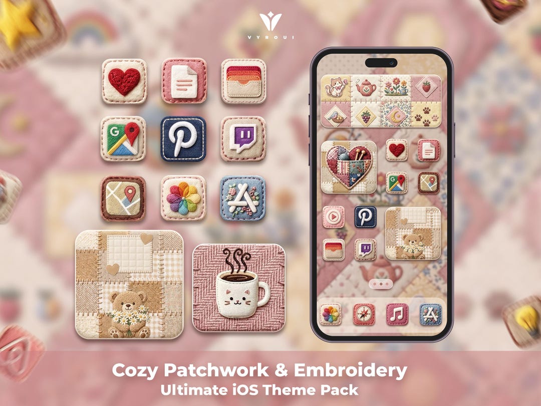 Cozy Patchwork & Embroidery Ios App Icons Pack - 100+ Cute Embroidery ...