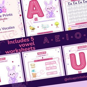 Peut inclure: Ensemble de cinq fiches d'exercices sur les voyelles, avec un code couleur violet et rose. Chaque fiche présente une grande lettre, des illustrations et un mignon lapin de dessin animé. Le texte comprend "Las Vocales" et "Includes 5 vowel worksheets".
