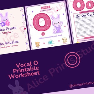 May include: A printable worksheet for learning the letter "O" with a purple and pink theme. The worksheet features a cute bunny, the text "Vocal O Printable Worksheet", and practice tracing the letter.
