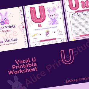 Peut inclure: Une feuille de travail imprimable pour apprendre la lettre "U" avec un code couleur violet et rose. La feuille de travail comprend des exercices de traçage, des illustrations d'objets commençant par "U" et le texte "Vocal U Printable Worksheet".