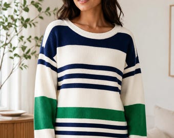 Navy Blue Striped Ribbed Knit Sweater, Crewneck Lounge Top, Comfort Gift