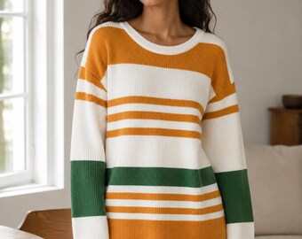 Striped Ribbed Knit Sweater, Earth Tones, Crewneck Pullover, Anti-Pilling Comfort