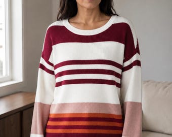 Burgundy Wine Red Striped Ribbed Knit Sweater, Anti-Pilling Lounge Pullover