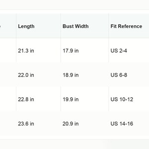 May include: A white sizing chart table with black text listing sizes S, M, L, and XL. Columns include Length and Bust Width in inches, and a Fit Reference column with US sizes 2-4, 6-8, 10-12, and 14-16. The table provides specific measurements for each size.