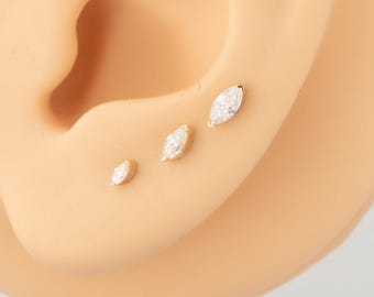 14K Solid Gold Marquise Lab Diamond Threadless Push Pin Flat Back Cartilage Stud Earring